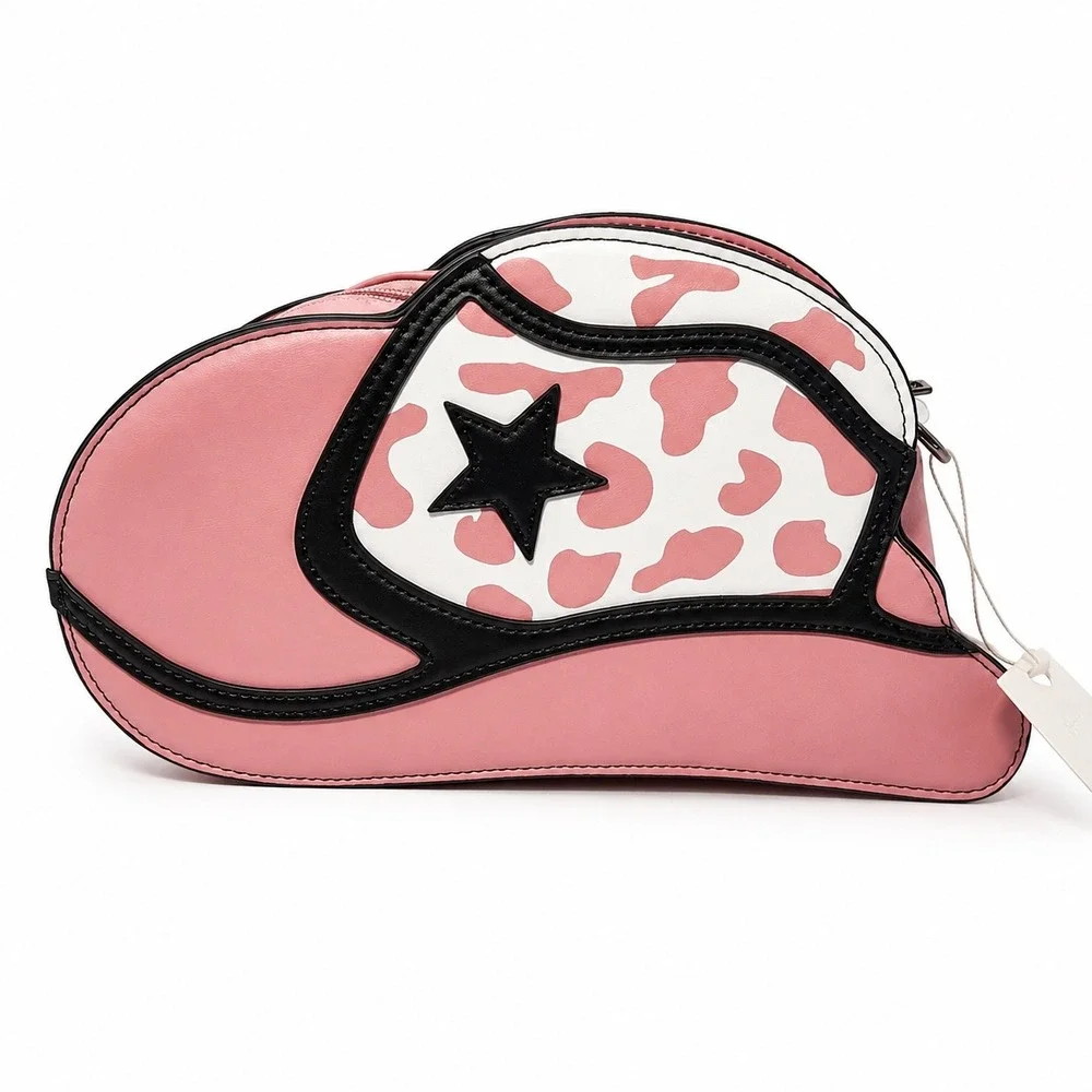 Le Miel Pink Cowgirl Hat Crossbody Bag Cow Novelty Purse Bag NWT Removable Chain